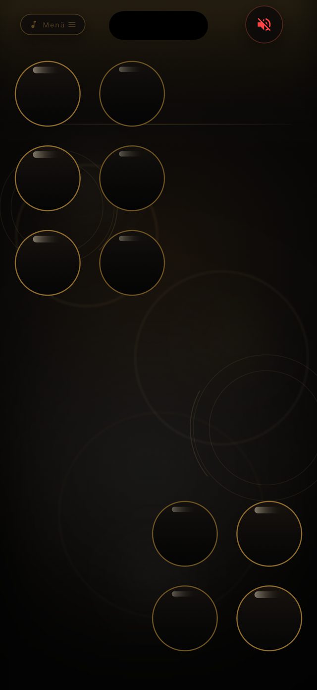 Tulum 4 on iPhone: ten gold keys laid out like the holes of a real tulum’s double chanter — three pairs above for the upper hand, two pairs below for the lower hand.