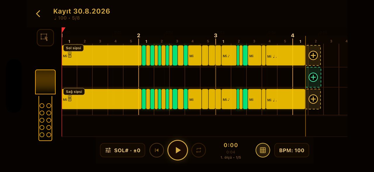 A recording shown as notation: both chanters drawn as two lanes on a scrolling score, with playback controls and BPM.